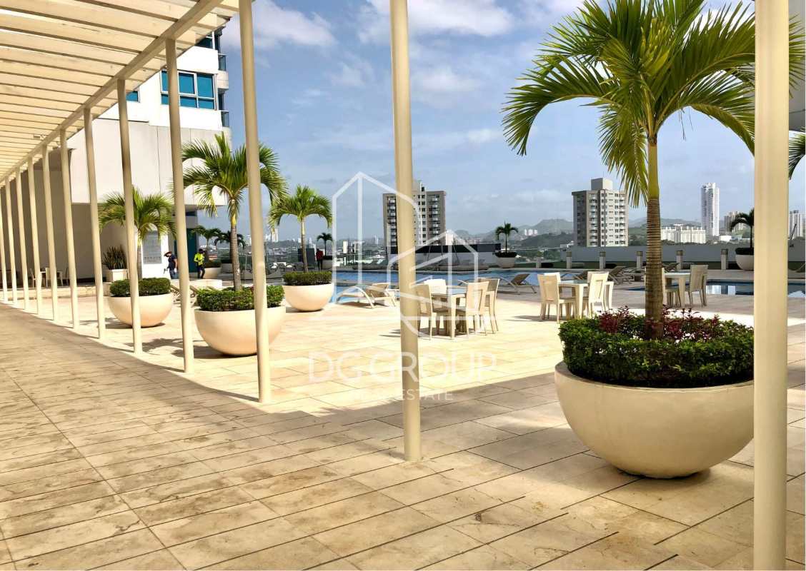 Modern outdoor seating and terrace with skyline views at PH Costa del Este