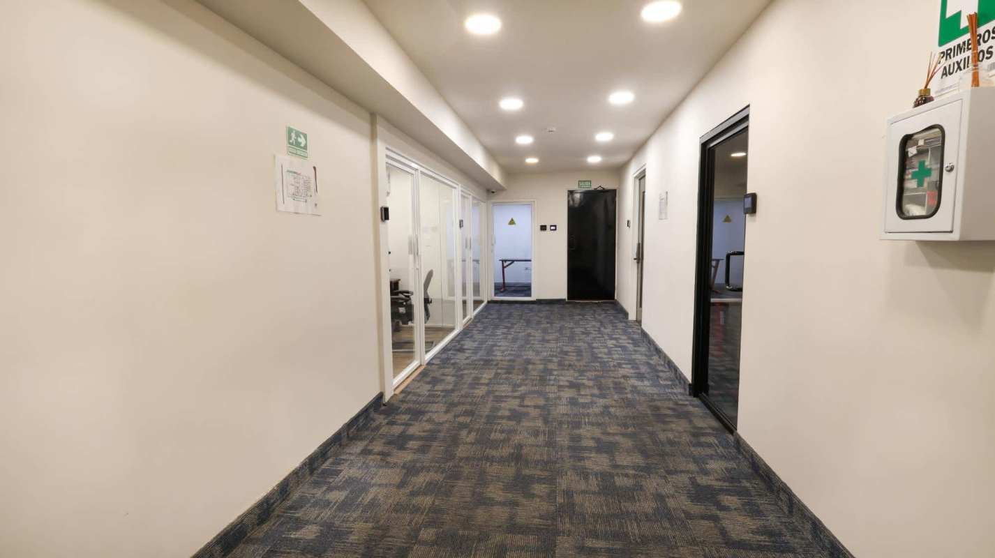 Commercial hallway with glass offices carpeting Costa del Este Panama