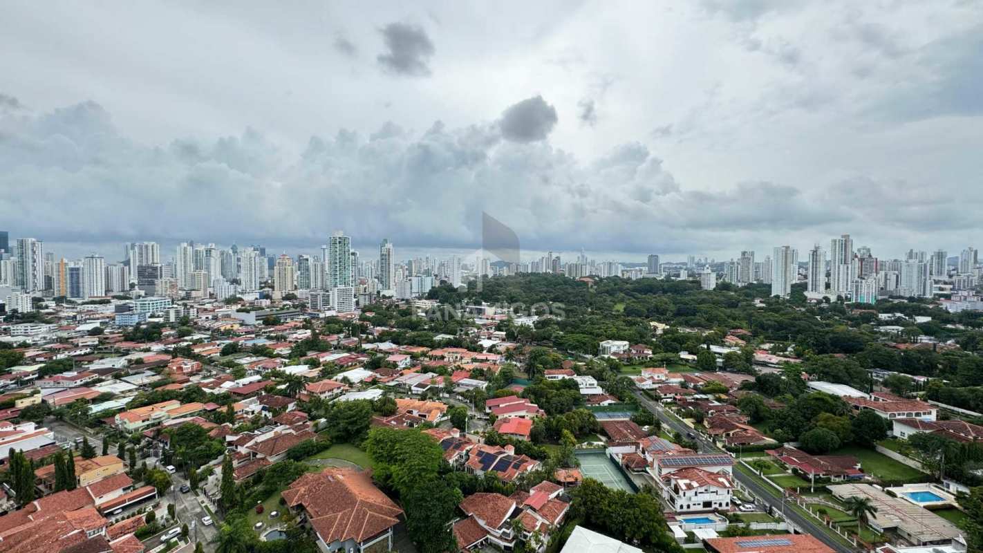 Panoramic aerial of Coco del Mar neighborhood and Panama City skyline PH Victory Wellness tower