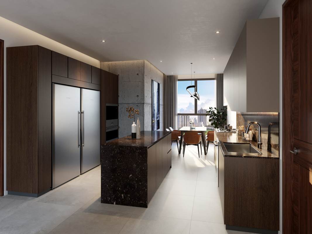 Spacious master bedroom with large windows, golf course view, and en-suite bathroom in Santa Maria Panama City