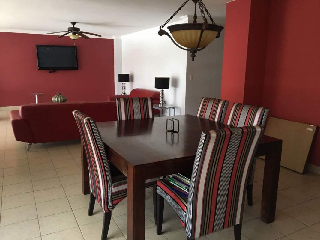 Living room with red sofas, flat-screen TV, ceiling fan furnished apartment PH Don Camilo Obarrio Bella Vista Panama City