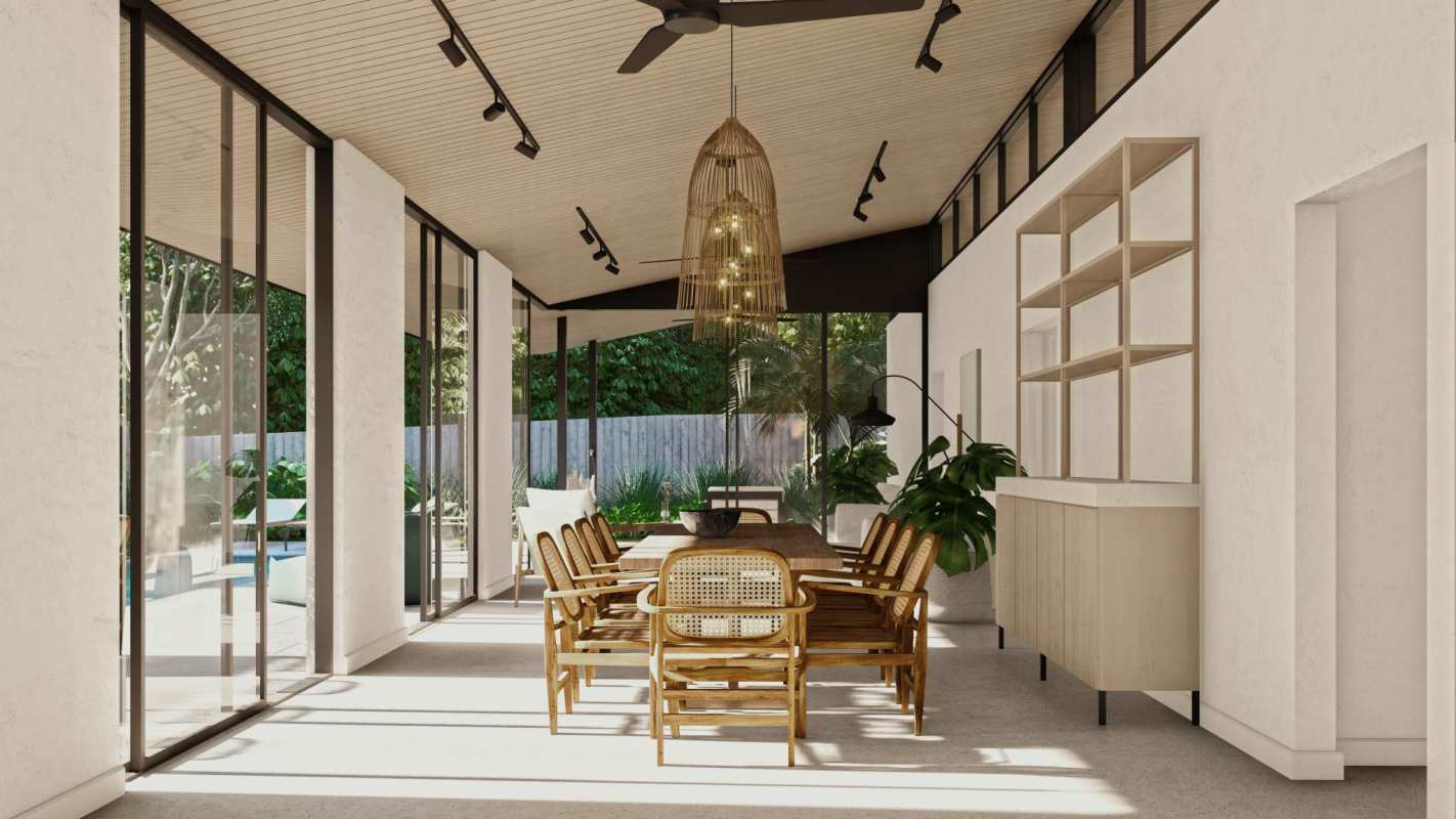 Spacious modern living room with tropical garden views at Sandbar Villa Isla Contadora Panama