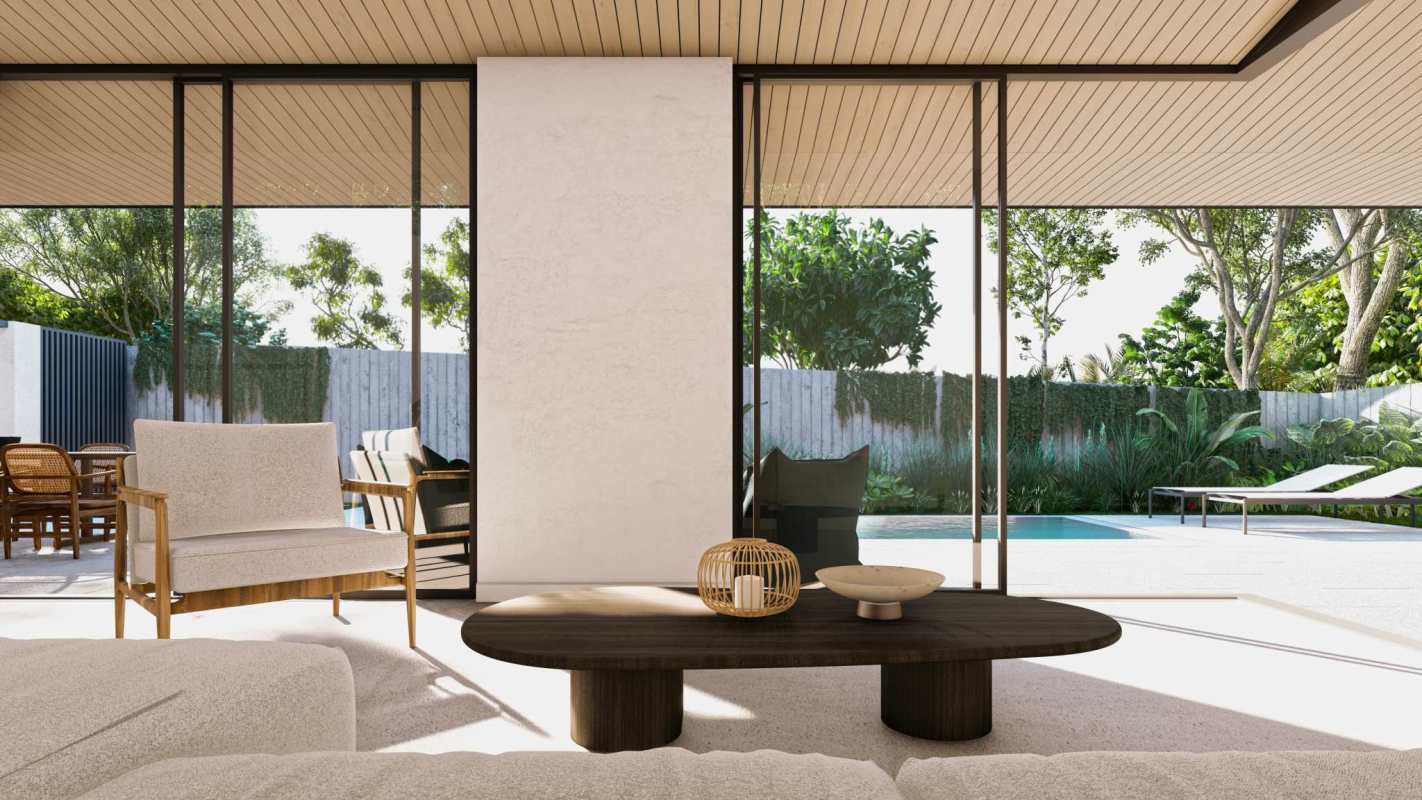 Heated private pool surrounded by palm trees at Sandbar Villas in Contadora Panama