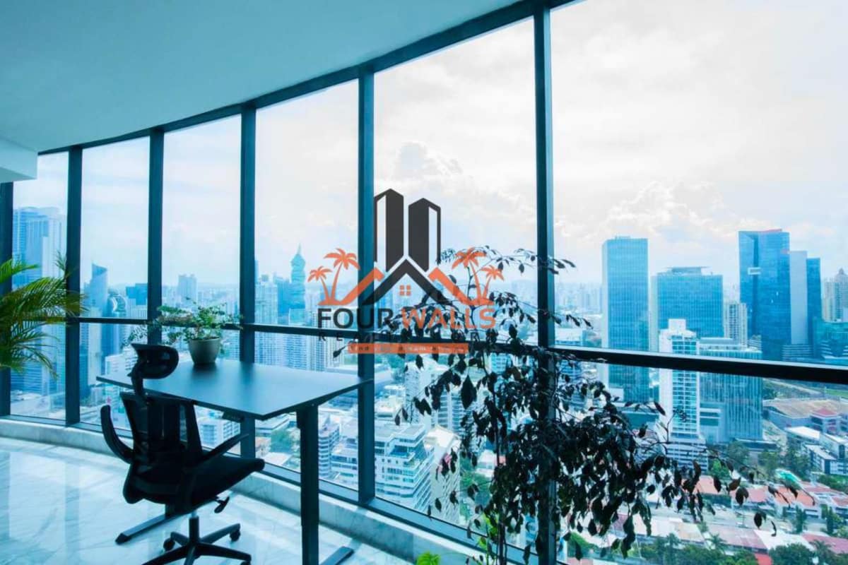 Modern bathroom with marble finishes glass shower in PH Ocean Front Punta Paitilla Panama