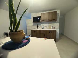 Contemporary kitchen with wooden cabinets, tile backsplash and appliances Panama