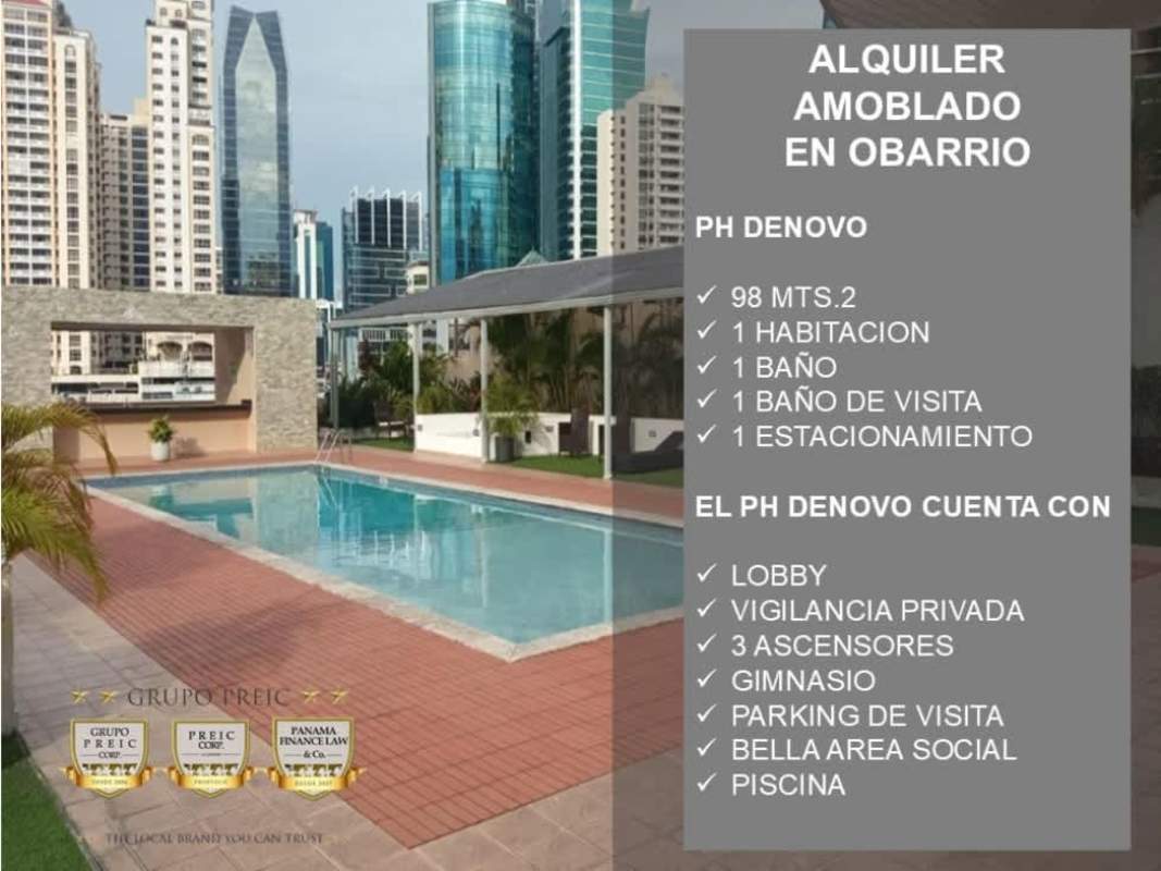 Spacious furnished living area with windows and skyline views Obarrio Panama