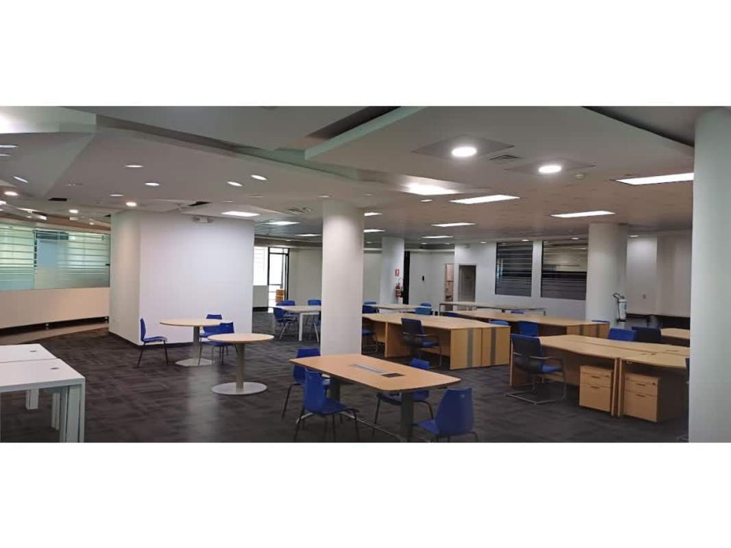 Modern open workspace with modular desks and blue chairs in Obarrio Panama