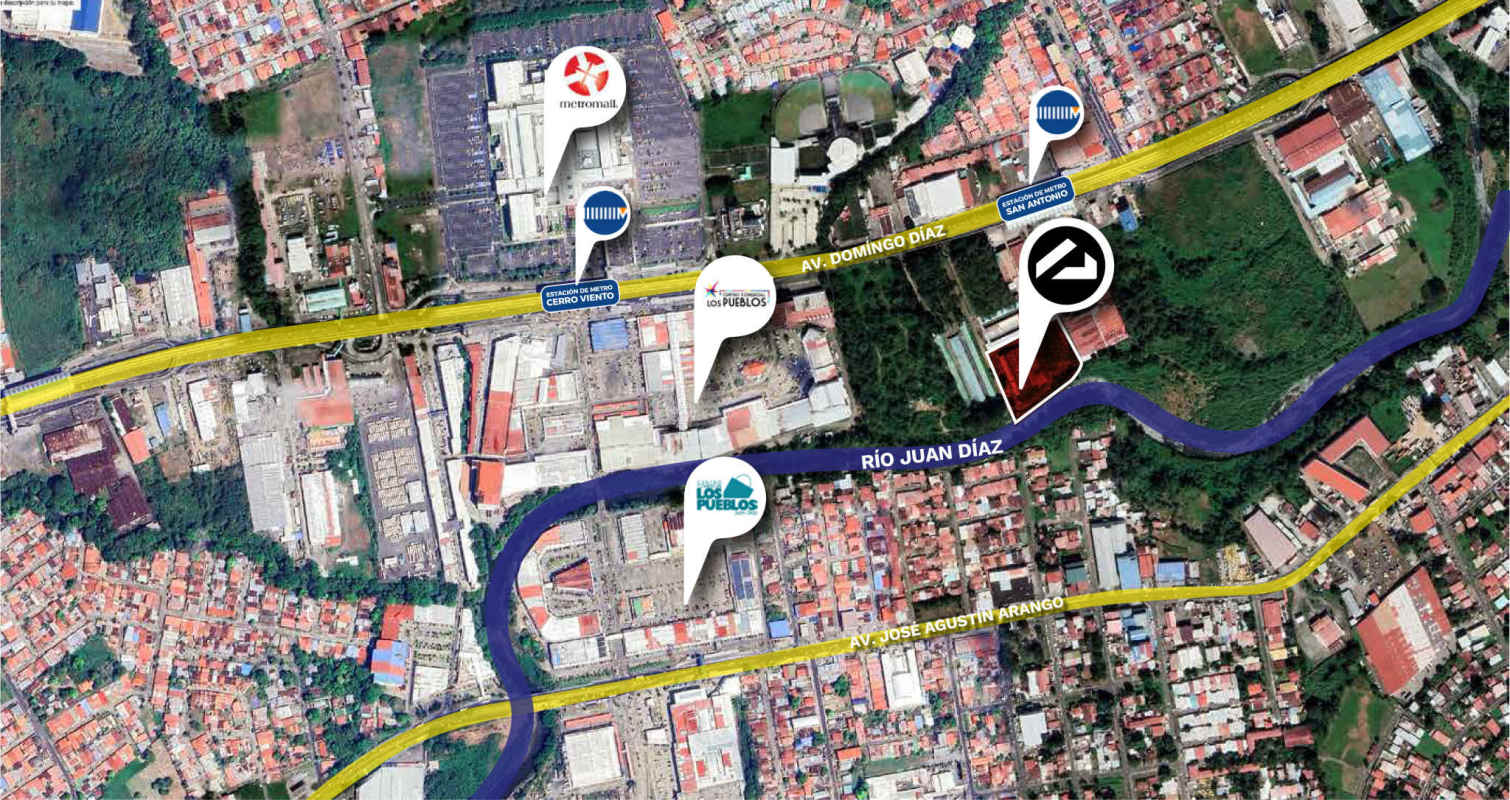 Location map with highlighted property near logistics zones, malls and main roads Panama