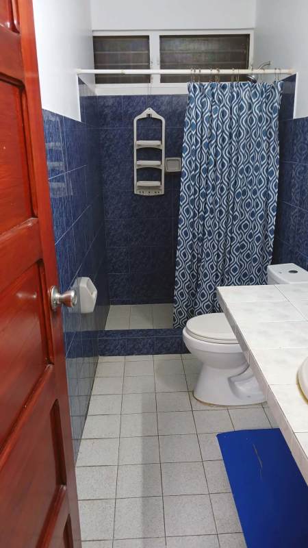 Private bathroom with shower and blue tiles in room for rent Chanis Panama