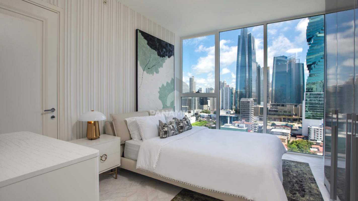 Stylish bedroom with stunning city views in luxury apartment Wanders & Yoo Panama