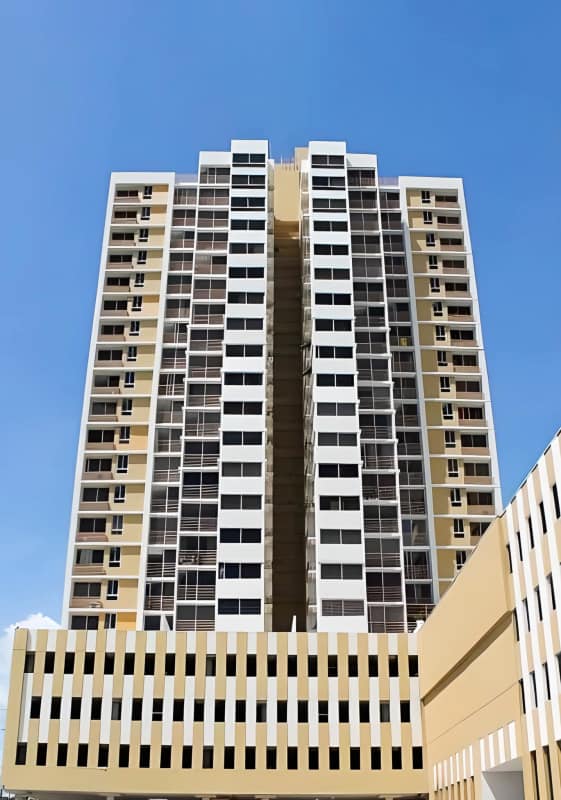 Exterior of PH 4 Islas modern high-rise condo building in Panama City