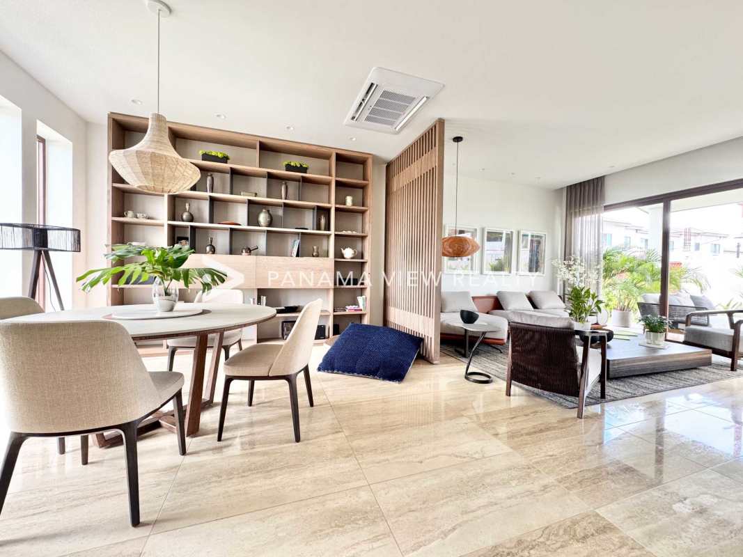 Bright open plan living and dining with marble floors luxury house for sale Santa Maria Panama
