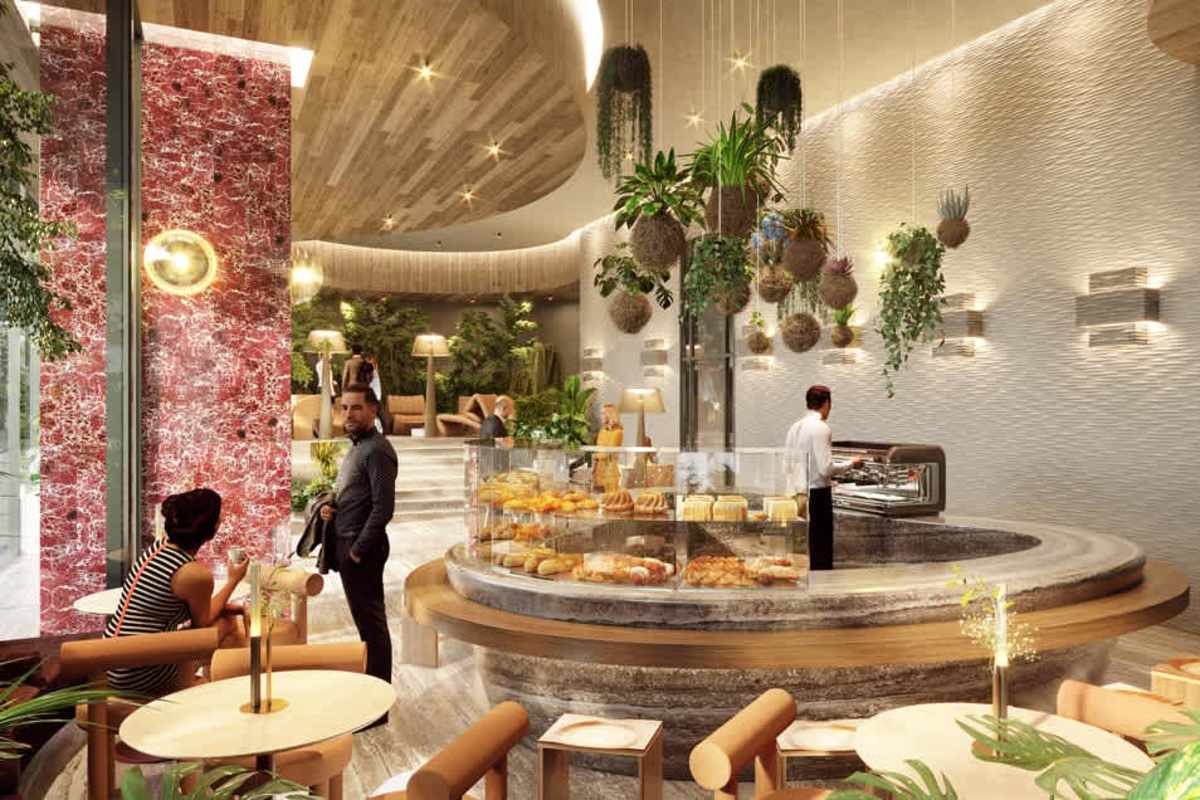 Elegant cafe lounge with hanging plants and marble counter PH Doo Ville