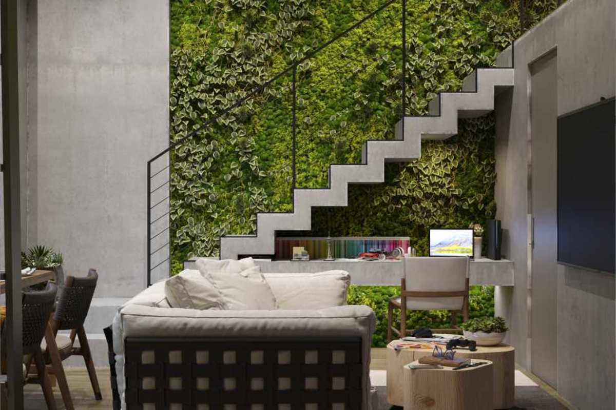 Living room with floating staircase, vertical garden, workspace in PH Doo Ville Panama