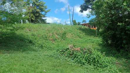 Sloping green land with dense vegetation and blue sky at La Seda La Chorrera