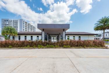 River Valley clubhouse with landscaped garden and modern entrance Panama Pacifico