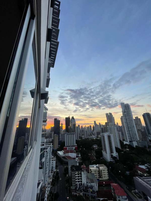 High-rise condo skyline view at sunset from Bella Vista Panama apartment
