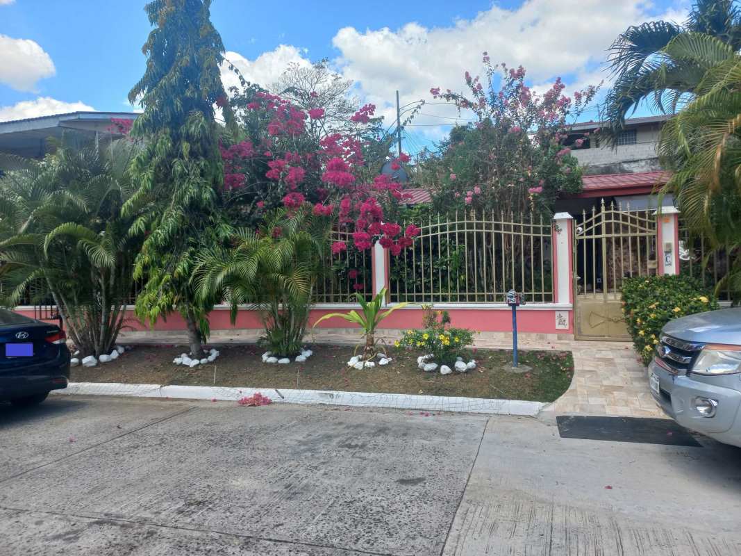 Colorful exterior with palm trees, iron gate and lush landscaped garden Villa Zaita house Panama