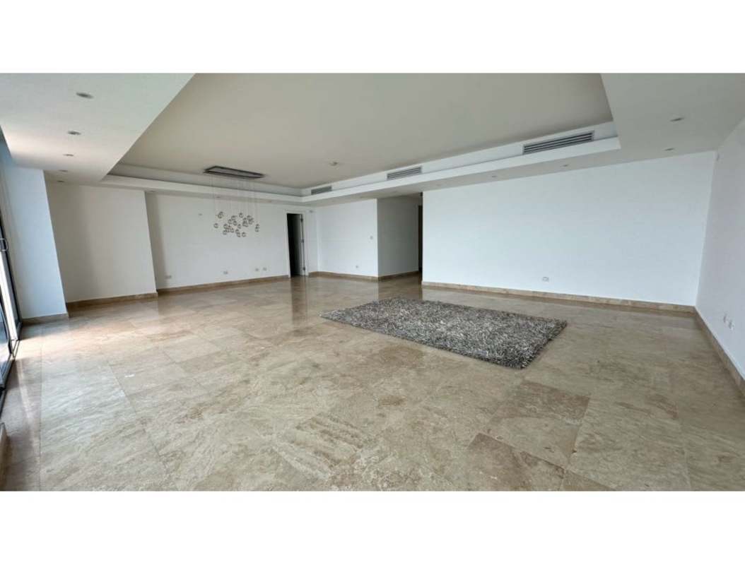 Modern bathroom with marble tiles, bathtub with skyline view Costa del Este Panama