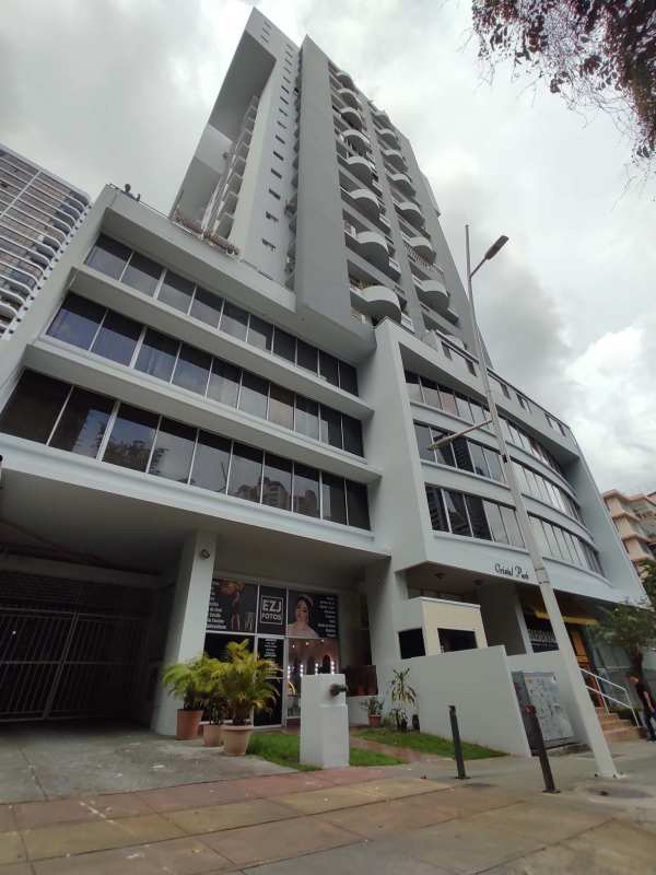 High-rise condominium PH Cristal Park facade with balconies and retail spaces Via Argentina Panama