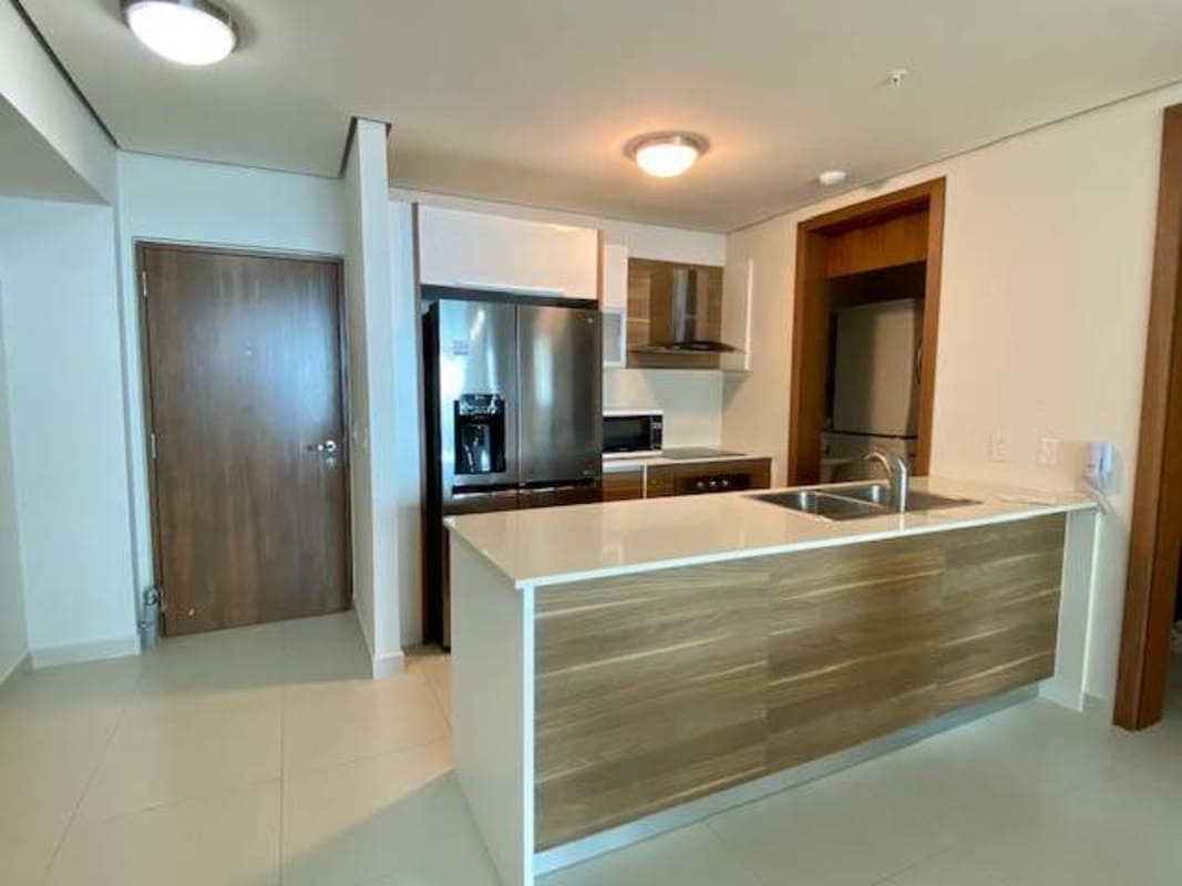 Modern kitchen with island, wood cabinets, and stainless steel appliances at Parkside Costa del Este Panama
