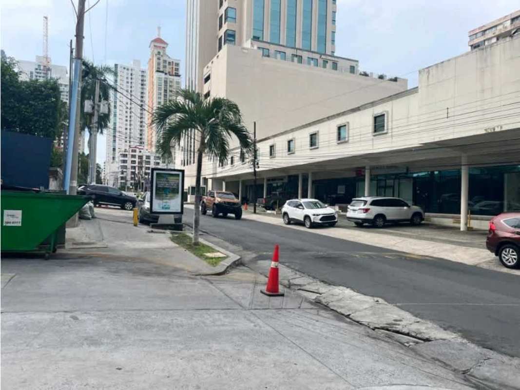 City street view palm trees storefronts pedestrians commercial high-rise Panama City