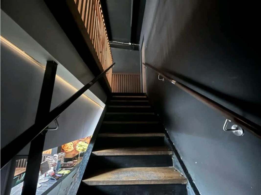 Modern dining area in leased commercial space feather pendant lights large windows San Francisco Panama