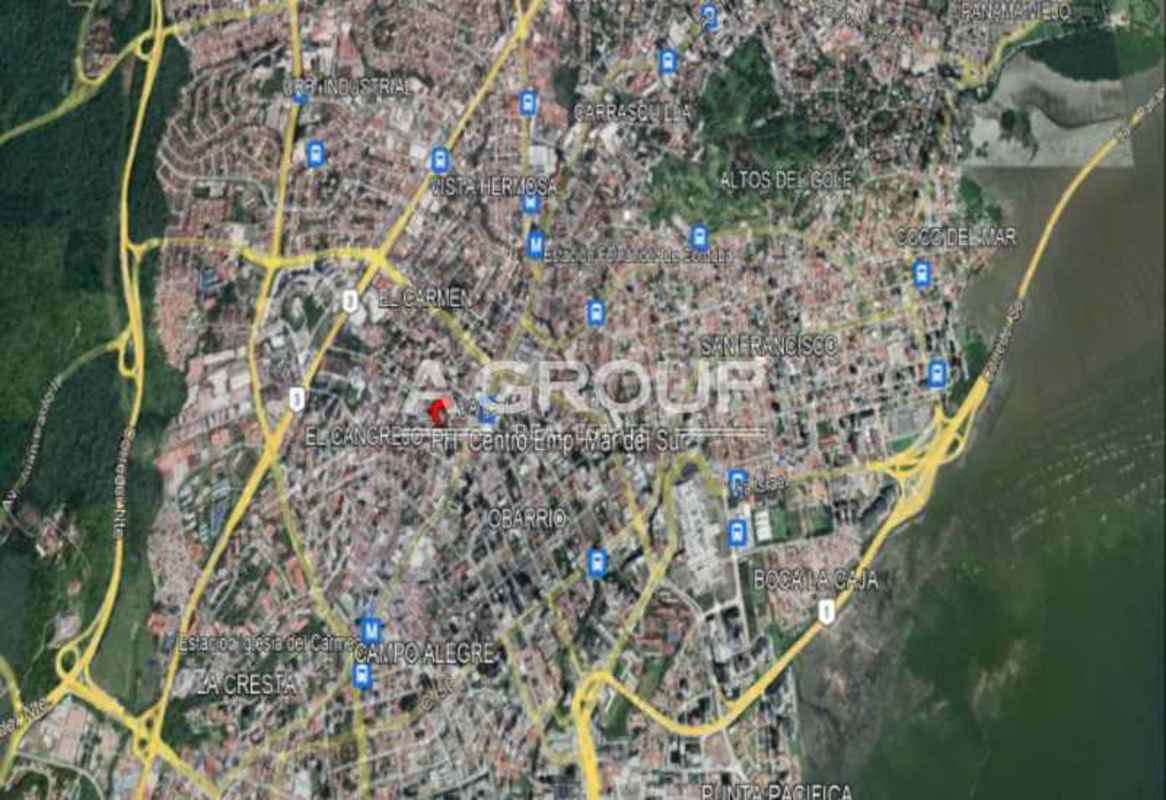 Aerial satellite view of Bella Vista neighborhood including Centro Empresarial Mar del Sur Panama