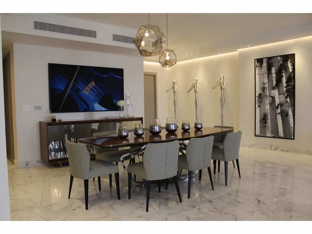 Luxury open dining area with marble floors and skyline views in Panama City