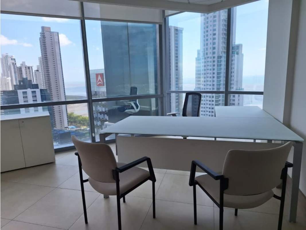 Private office furnished with desk, chairs and window city views in Financial Park Panama