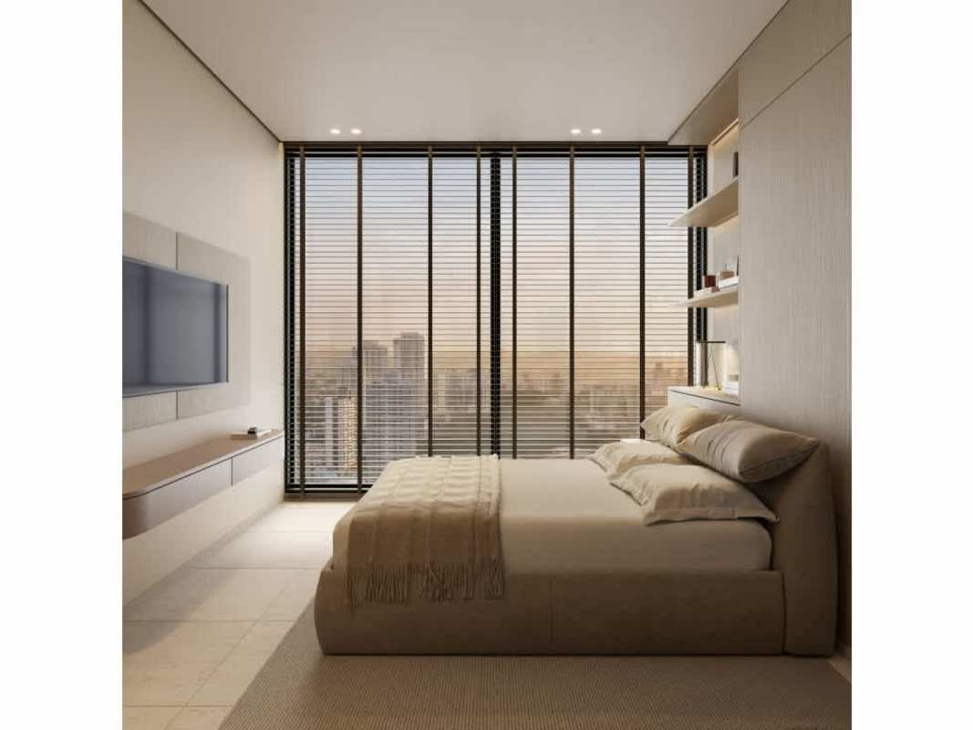 Indoor garden lounge with neutral colors and natural light at PH Mova Residences Obarrio Panama