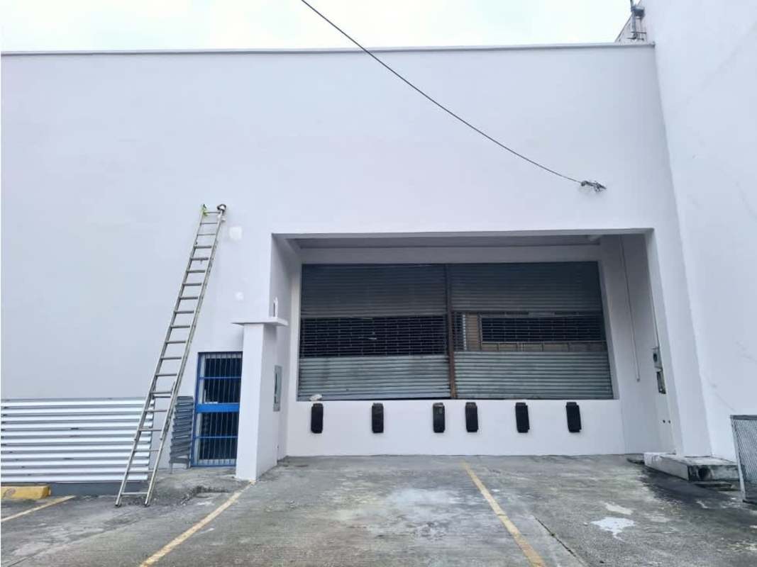 Exterior of commercial warehouse in Costa del Este featuring wide roll-up steel loading doors and parking area