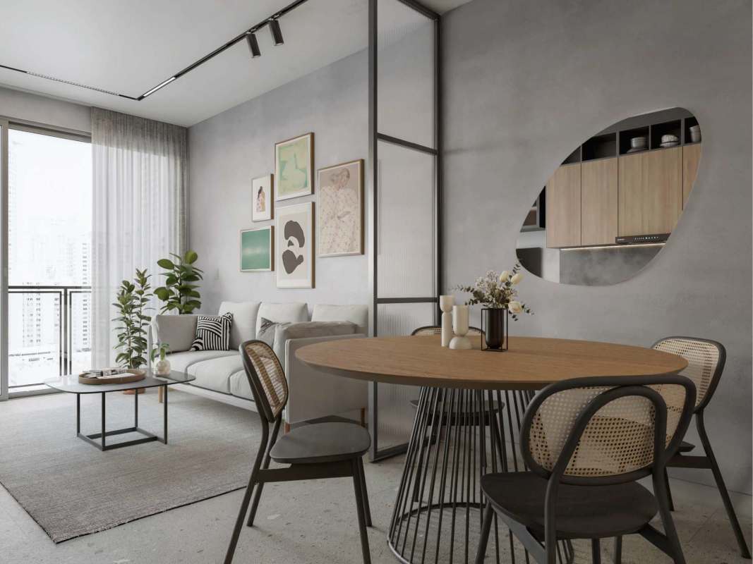 Living and dining open space with large window and modern minimalist decor PH Sky Residence Panama