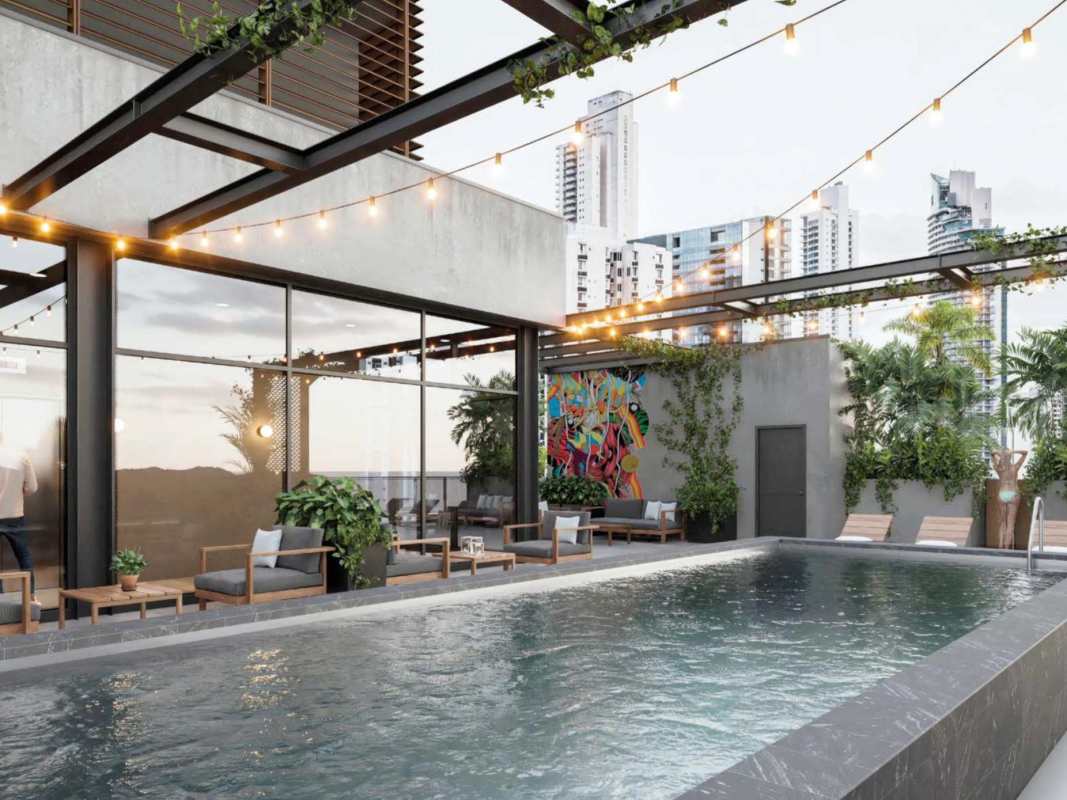 Infinity pool on rooftop terrace with panoramic ocean views at PH Vista Balboa Panama City