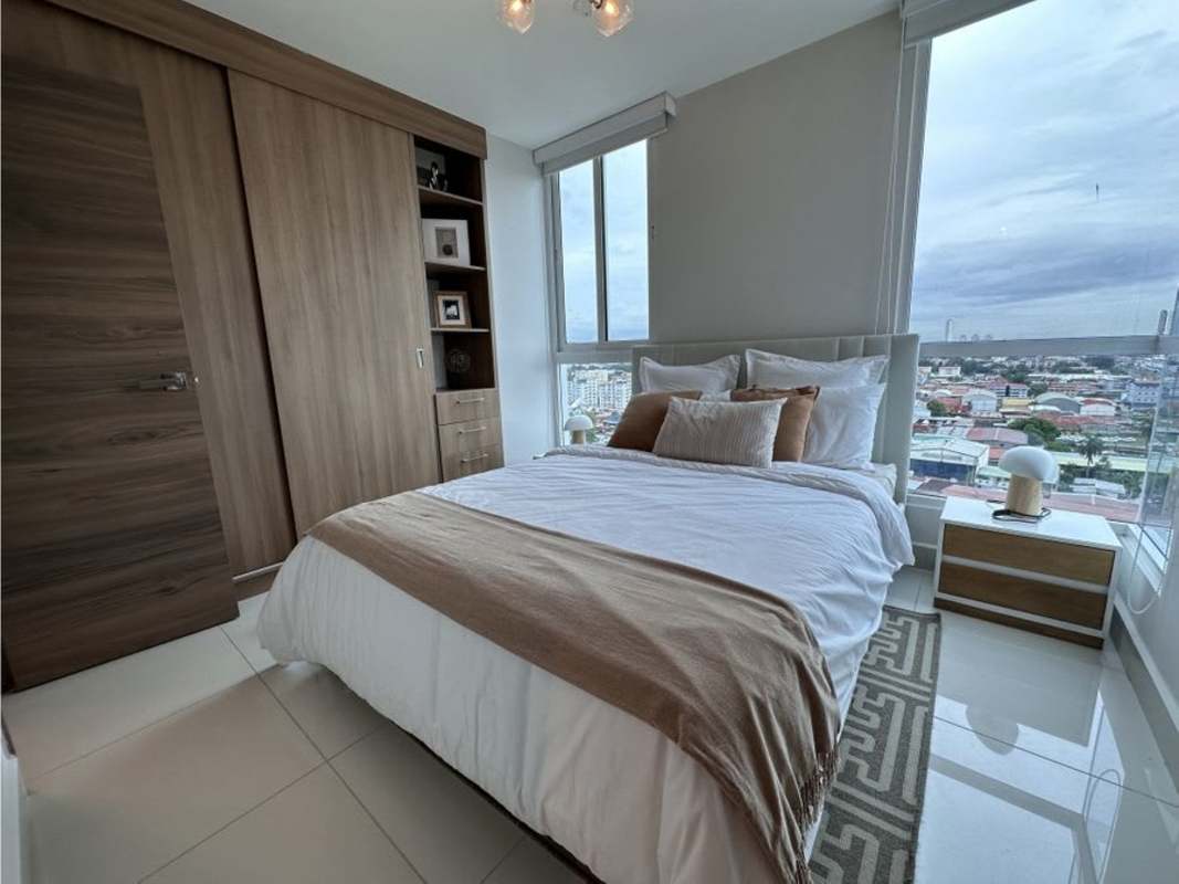 Bedroom with large windows built-in wardrobe and city view PH T7 Panama