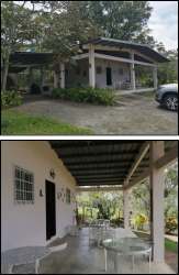 Covered outdoor patio with columns and garden at farmhouse for sale in Sora Panama