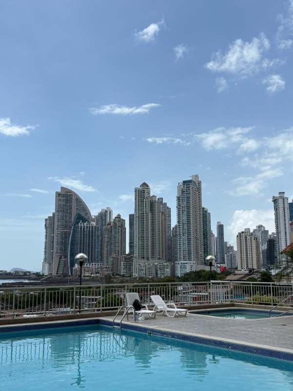 Outdoor swimming pool on high-rise deck with city skyline view in PH San Francisco Bay Panama