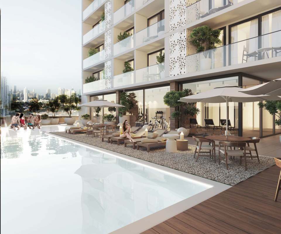 Pool and gym at PH The Hub with skyline views Panama City