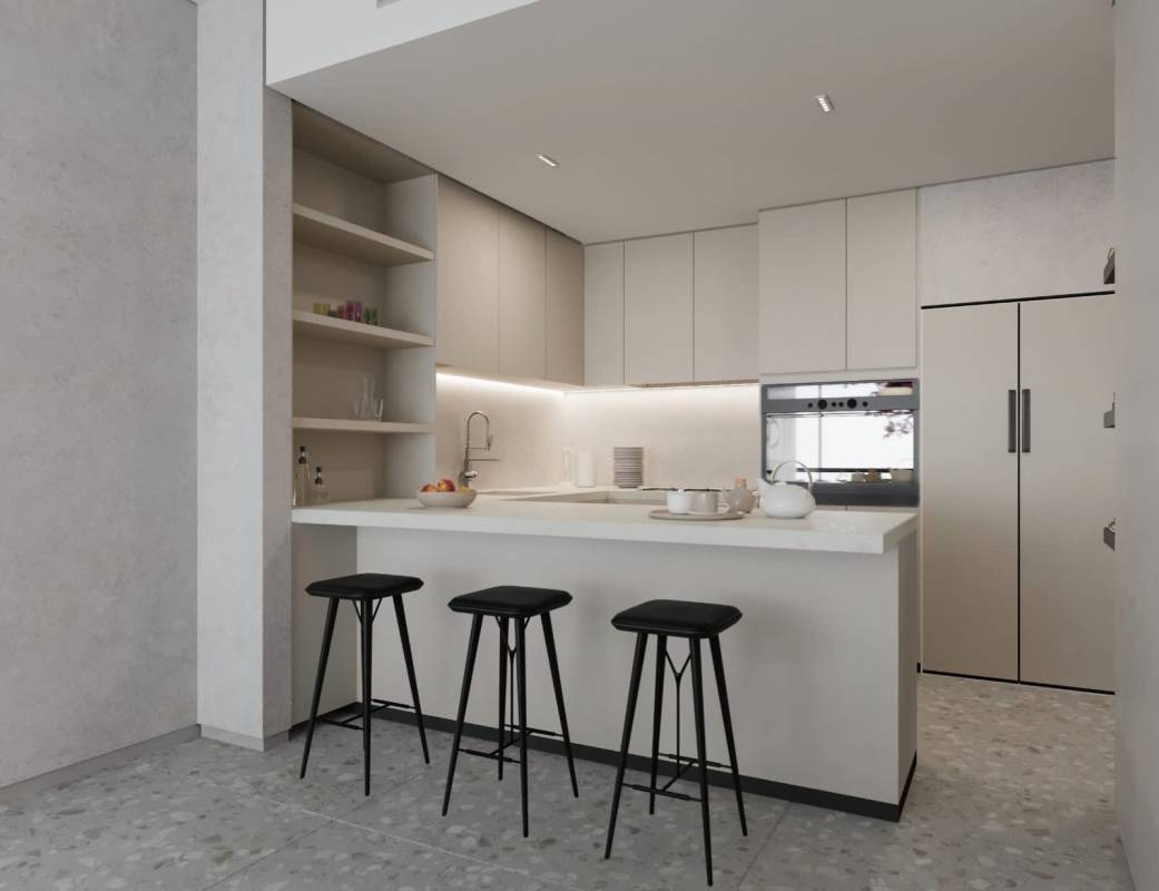 Contemporary open kitchen with quartz countertops and breakfast bar Amador Bay Residences Panama