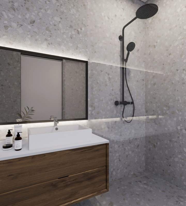 Bathroom with glass shower panel and porcelain tiles at Amador Bay Residences Panama