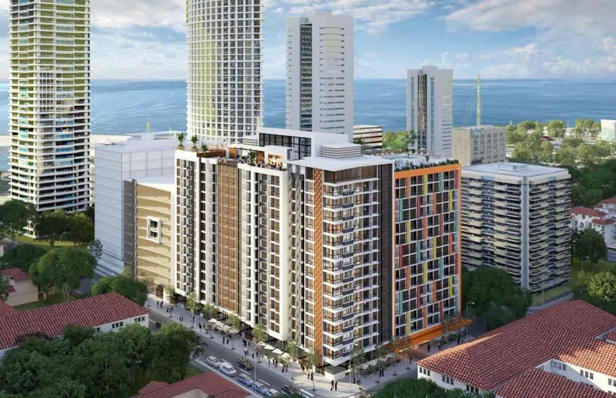 Skyline view of high-rise apartment PH Armonía near ocean with balconies