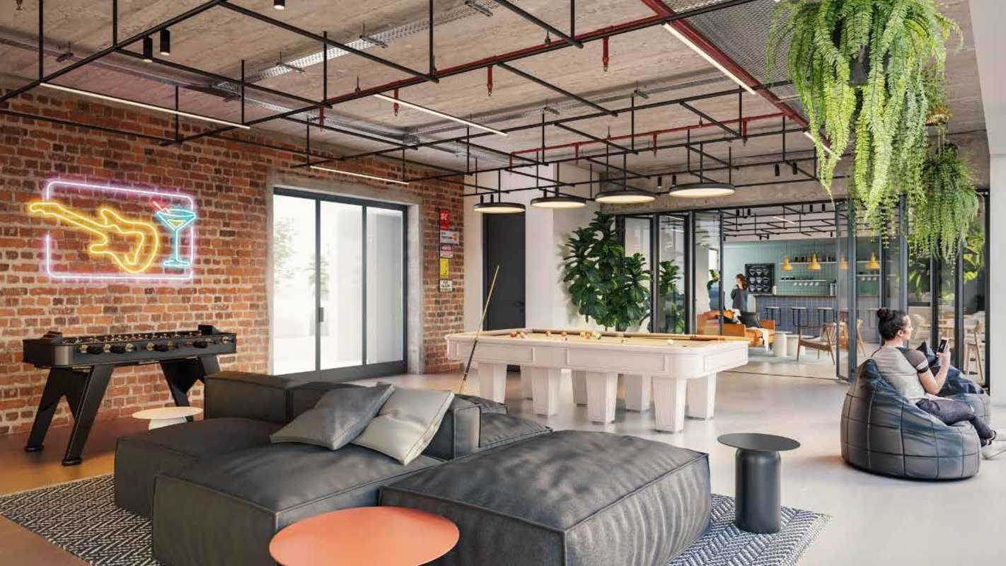 Lounge with pool table, exposed brick wall, neon lighting PH Armonía Bella Vista Panama