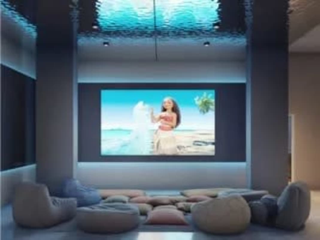 Home theater with large screen, ambient lighting, bean bag seating in PH Bella Vista Tower Panama