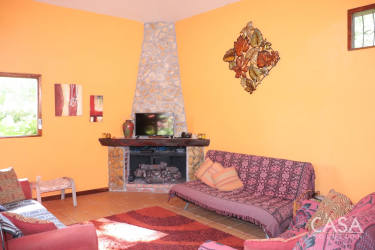 Bright rustic kitchen with open shelves, island and colorful tile finishes in country house Boquete Panama