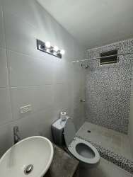 Minimalist bathroom with walk-in mosaic tiled shower and white fixtures in Penonomé rental