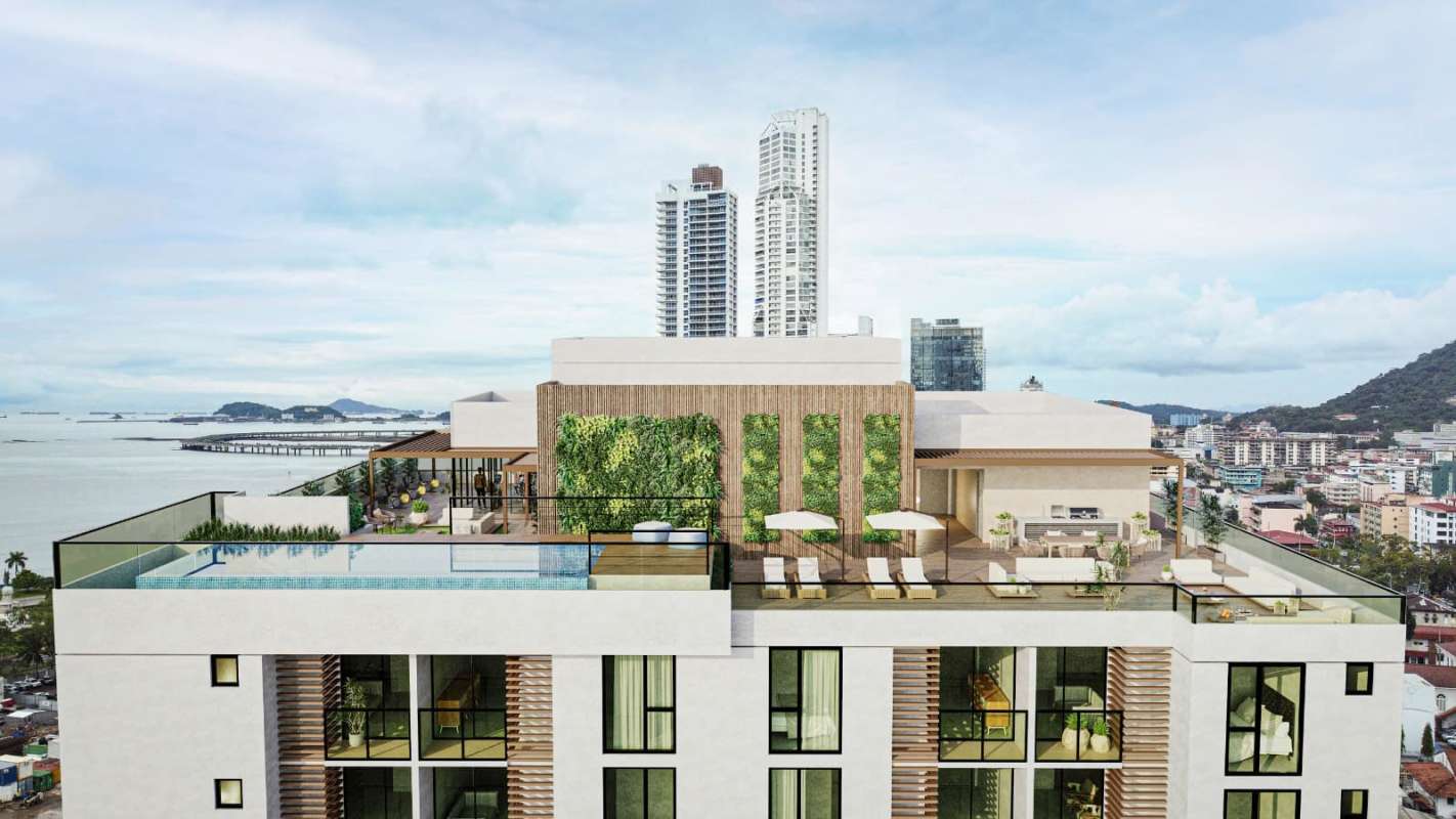 Rooftop terrace with lounge, greenery, wooden pergola at PH Alexa Bella Vista Panama City