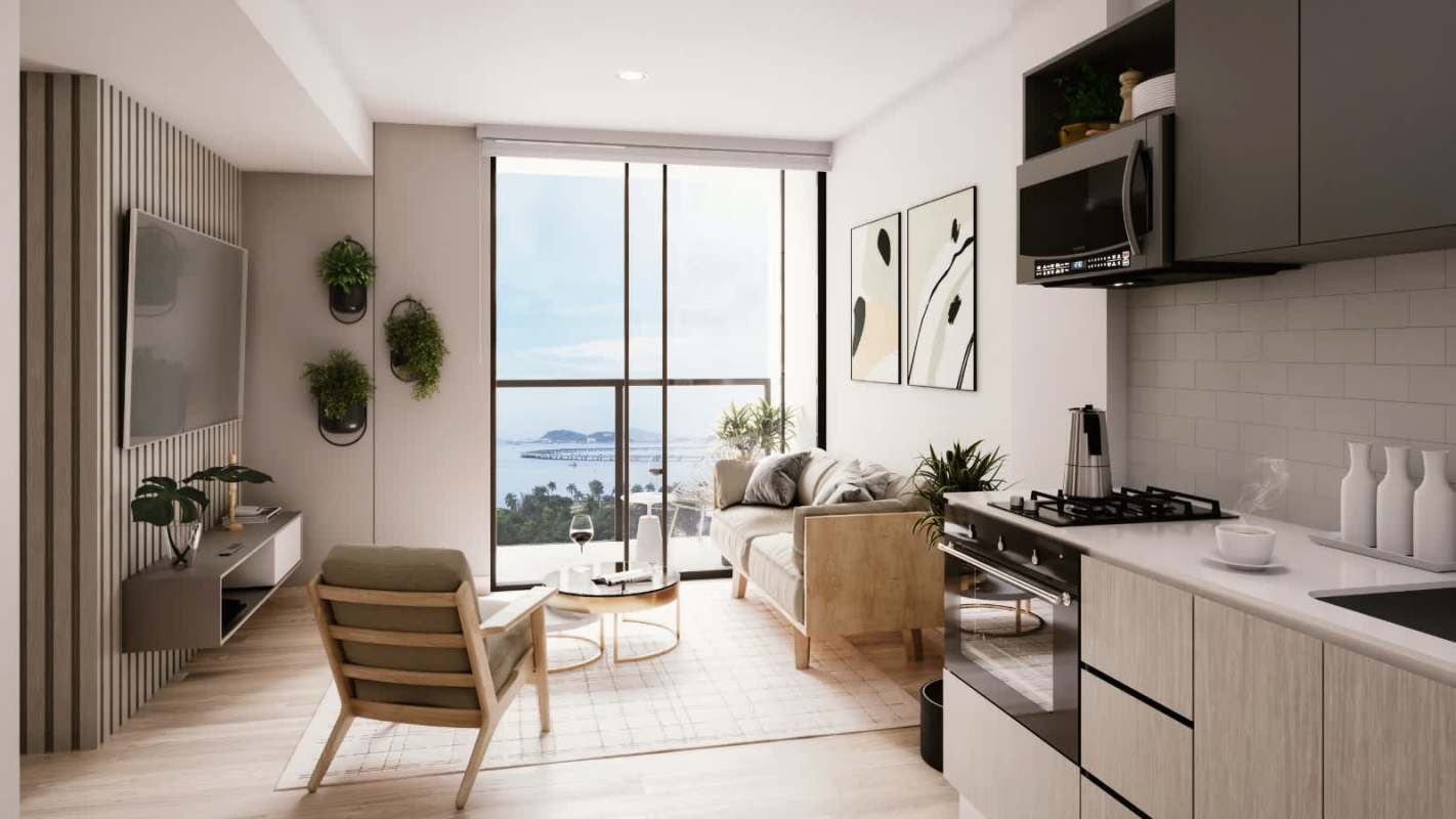 Bright bedroom with floor-to-ceiling windows, walk-in closet, city views at PH Alexa Bella Vista Panama