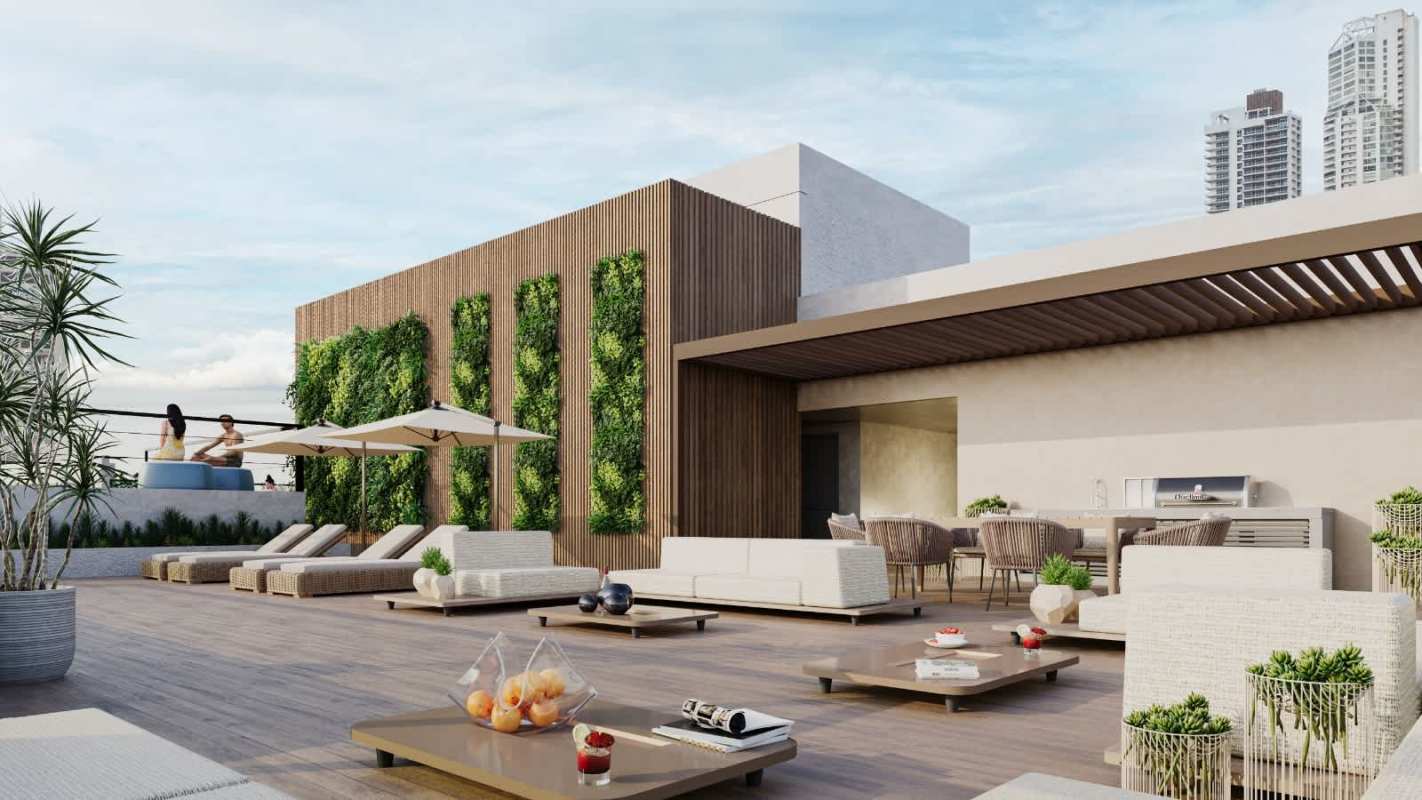 Luxury rooftop amenities hot tub vertical garden lounge area PH Alexa Panama City