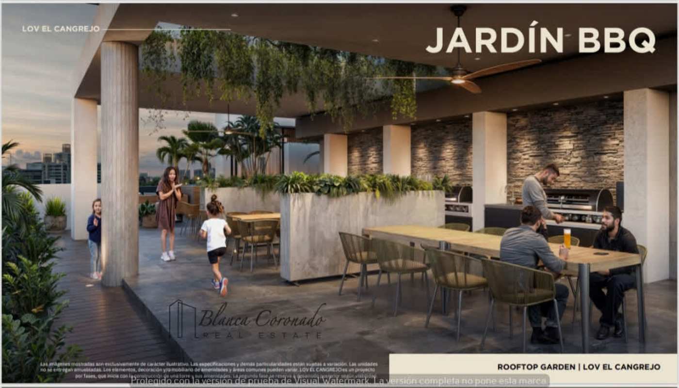 Open kitchen with marble countertops, lounge seating in luxury apartment El Cangrejo Panama