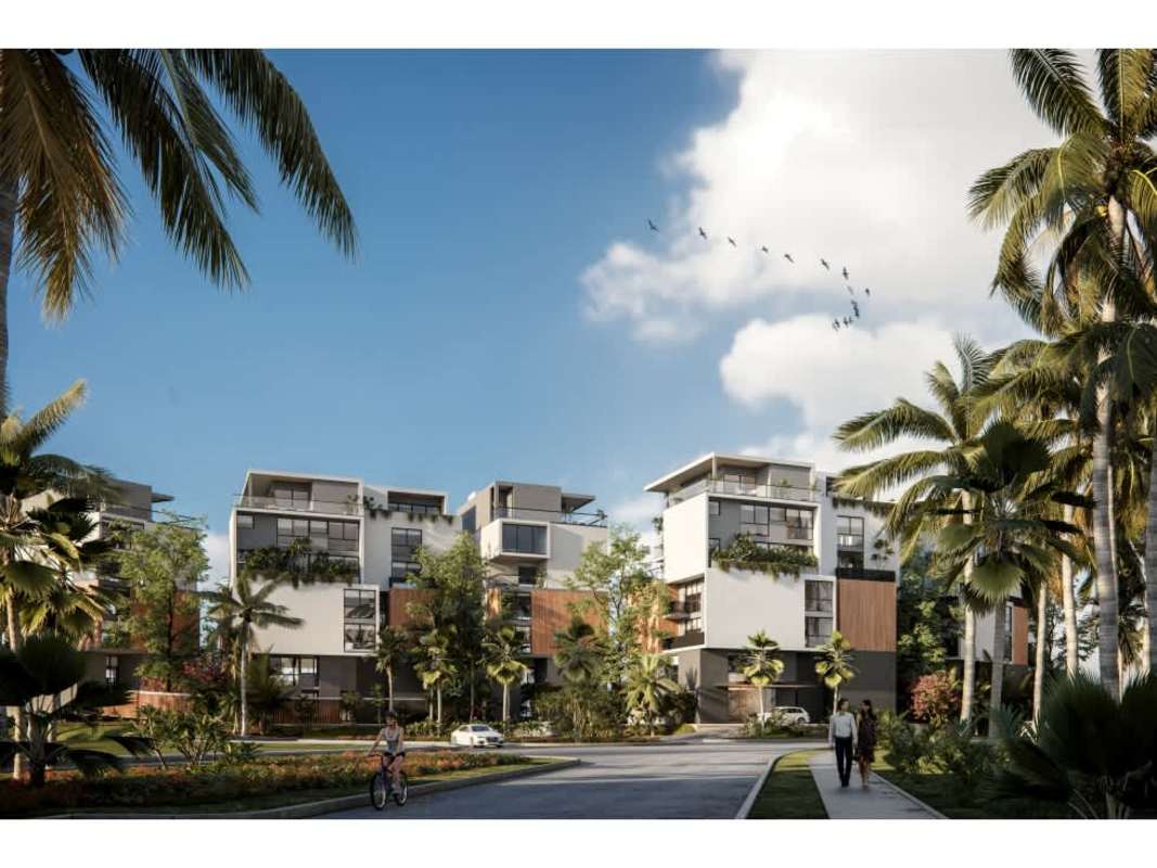 Aerial luxury man-made island with marina surrounded by waterfront buildings Ocean Reef Panama